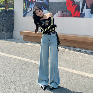 Vintage Lyocell Tencel Wide Leg Denim Women's 2025 Spring New Loose Dipped High Waist Slimming Mop Pants