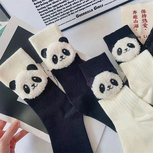Three-dimensional cartoon panda cute double needle deodorant mid-calf length socks Japanese online red tide socks solid color simple panda socks Cotton
