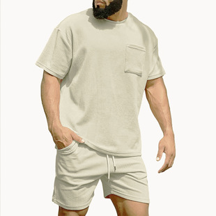 New Corduroy Casual Crewneck Shorts suit Sports Men's Solid Color T-Shirt Shorts Running Training suit