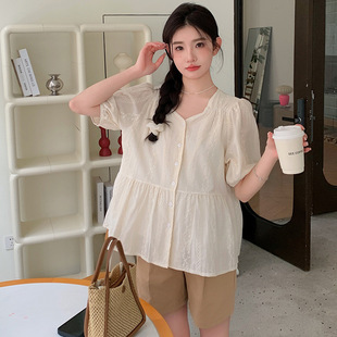 Real Shot Pregnant Women's Summer Dress suit Fashion Sweet Lace Short Sleeve T-shirt Doll Shirt Outer Shorts for Small Men