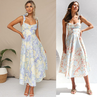 Cross-border foreign trade Amazon 2024 Summer Slim fit slimming waist V-neck strap printed mid-length dress women