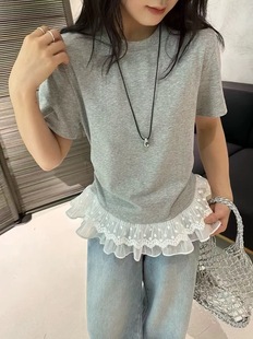 Dai Jiawen French Stitching Lace Skirt Short-sleeved T-shirt Temperament Slim-fit Ballet Style Base Short-sleeved Front Shoulder T-shirt for Women