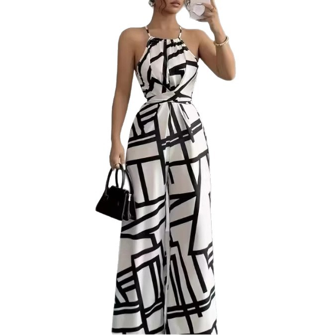 2026 Cross-Border Amazon European and American Women's Halter Neck Tie Waist Abstract Print Wide-Leg Jumpsuit