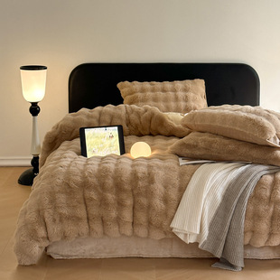 Rabbit plush four-piece set winter double-sided thickened milk velvet coral fleece bedding flanged suede quilt cover three-piece set
