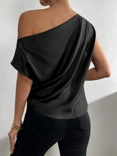 2025 European and American summer women's solid color one-shoulder backless asymmetric neckline satin shirt one-shoulder top women