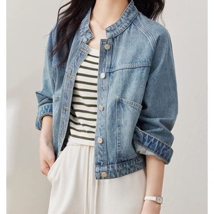 High-quality Retro Washed Denim Short Outwear for Women in Autumn and Winter New Stand-up Collar Long-sleeved Top for Small People