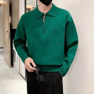 Autumn and winter warm casual lapel fashion fashion brand sweater fashion solid color lapel long sleeve polo shirt men's top