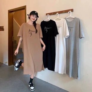 T-Shirt Skirt Women's 2024 Summer New European Large Size Fat Girl Loose Slimming Mid-Length Over-the-Knee Dress