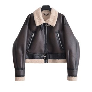 European and American style retro brown Maillard color matching short faux fur motorcycle jacket thick coat winter New Women's