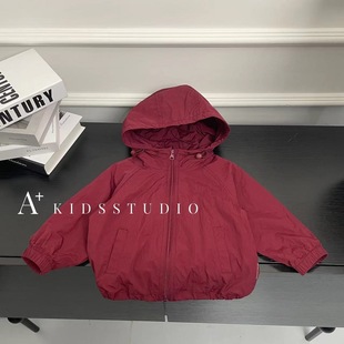 2025 Children's Jacket Hooded Windbreaker Sports Middle Children's Casual Korean Color Splicing Spring and Autumn wine red