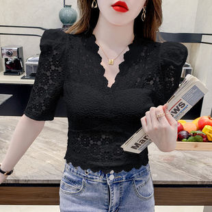 V-neck Hollow-out Lace Mesh Base Shirt Women's Summer Puff Sleeve Belly Covering Slimming Top Elegant Western Style Small Shirt