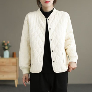 2024 Autumn and Winter New Cotton Thickened Warm Solid Color Small Cotton Coat Jacket Vintage Loose Diamond Plaid Cotton-padded Jacket