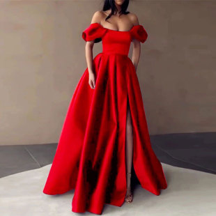 European and American Amazon AliExpress wish new off-shoulder satin dinner dress simple elegant slim A- line dress