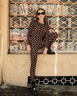 European and American Popular Cross-Border Fashion Trend Moon Print Design Elastic Slim Sexy Bottoming Top and Pants Suit