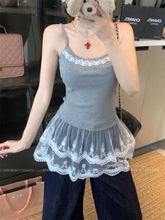 Grey Camisole Women's Spring and Summer Stitching Inner Sleeveless White Lace Dress High-grade Base Top Women's New