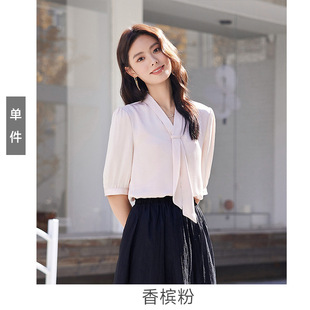 White Chiffon Shirt Women's Short-sleeved Ribbon V-neck Shirt Civil Servant Clothing Teachers Wear New Spring/Summer 2024