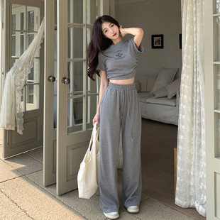 Korean Style Road Navel Slimming suit Girl Summer Drawstring Strap Short Top Draping Wide Leg Pants Two-piece Set