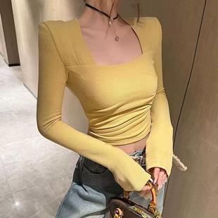 Square Collar Top Fashionable All-match Slim-fit Slim-fit Long-sleeved Base Shirt Women's Purple Black