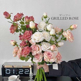 French Retro Coke Edge Rose Advanced Multi-head Oil Painting Artificial Flower Bionic Dried Flower Holding Flower Bouquet Fake Flower Decoration