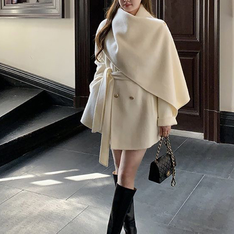 Temperament Korean Style Shawl Scarf Double-Sided Woolen Outwear for Women Autumn and Winter Mid-Length Fashionable Loose Slimming Look Woolen Outwear