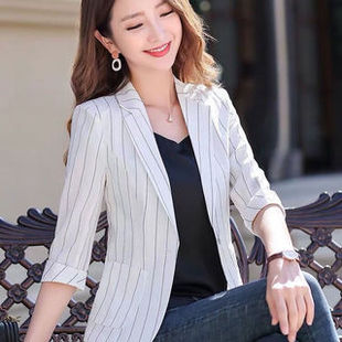 Small Suit Jacket Women's 2021 Spring New Fashion Slim Elegant All-match Western Style Striped Suit Top Mid-sleeve