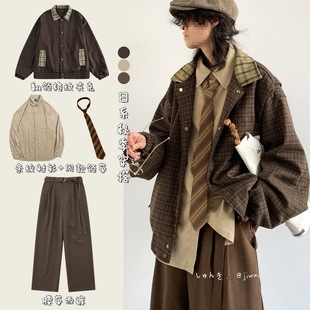 Spring and Autumn Japanese Style Vintage Wear Set of Plaid Jacket College Style Stitching Embroidered Loose Casual Jacket for Boys and Girls
