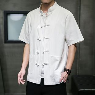 Chinese Style Men's Lightweight Linen Shirt Men's Short-sleeved Summer Loose New Chinese Style Collar Shirt Cotton Linen Tang Dress