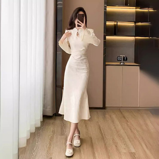 Ретро новый китайский Cheongsam платье с длинными рукавами весенний и осенний стиль дзен темперамент платье помолвка тонкая юбка
