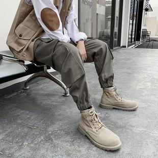 American style overalls men's autumn fashion brand retro multi-pocket wide-leg pants high street plus size fat man ankle-tied casual trousers