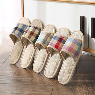 Four seasons slippers wholesale British small plaid spring home linen slippers wooden floor summer indoor cotton and linen slippers