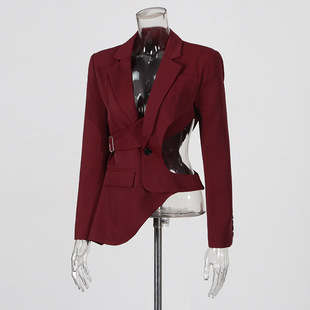 Fashion Niche Design Asymmetric Blazer 2025 New Style Waist-Exposing Hollow-Out Elegant V-Neck Slim Blazer Jacket