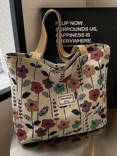Large Capacity Shoulder Flower Casual Bag Women's New Ins Canvas Bag Tote Class Handbag Work Bag