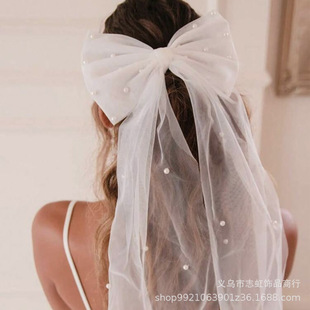 Cross-border Explosions Mesh Nail Pearl Bow Decoration Hairpin Wedding Dress Simple Veil Tulle Butterfly in stock
