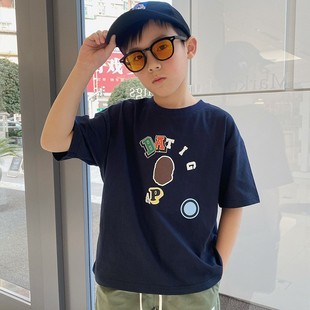 2024 Summer new Japanese style fashion brand round neck pullover exquisite simple printed all-match short sleeve boy's middle