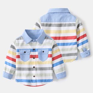 Children's colorful strip shirt spring and autumn baby coat lapel 2023 new children's clothing children's autumn long sleeve shirt for boys