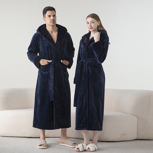 Cross-border Long Nightgown Autumn and Winter plus size Bathrobe Double Yarn Jacquard Hooded Pajamas Men and Women's Nightgown Thickened Bathrobe