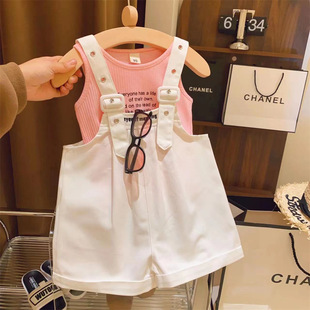 New Girl's Letter Pit High-elastic Vest Denim Strap Shorts Two-piece 2023 Summer Suit