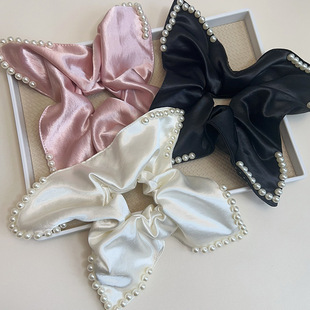 French Style Elegant Pearl Square Hair Band Women's High-end Hair Accessories Elegant Satin Hair Rope Large Bowel Band Hair Tie Rubber Band