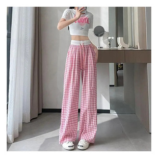 Plaid Drawstring Wide Leg Pants Women's Summer Thin Pants for Small Women Dagging Loose High Waist Casual Pants All-match Mopping Pants