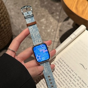 Применимо к applewatch Apple Watch iwatch98 поколения 765 Заводская вспышка Diamond Bear джинсовые кожаные часы