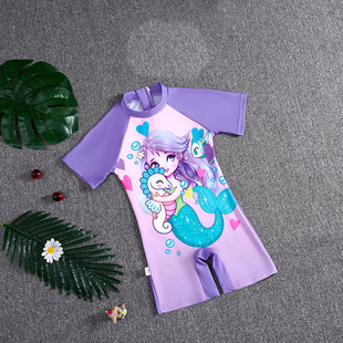 Summer new children's swimsuit one-piece cartoon girls swimsuit short sleeve swimming cap little girl swimming suit sun protection