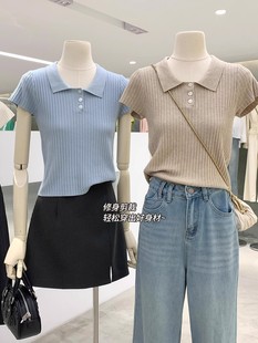 Age-Reducing Essentials! Classic Versatile Solid Color Polo Collar Short-Sleeve Knit Top, New Spring Miu Series T-Shirt for Women