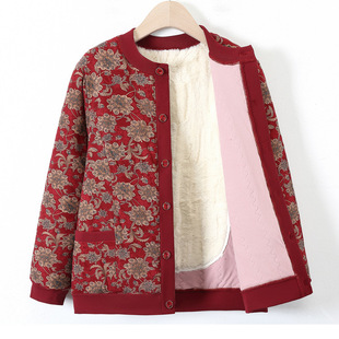 Middle-aged and elderly women's cotton-padded clothes fleece-lined warm mother's cotton-padded jacket winter new cardigan base small floral cotton-padded jacket