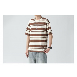 Striped Short-sleeved T-shirt Men's Heavy Summer Boys Teenager Loose Japanese Retro Men's Design All-match Trendy