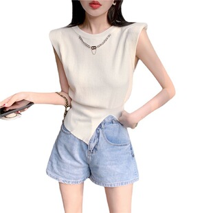Summer New Korean Style Decorative Chain Vest Women's Chic ins Thin T-shirt High Waist Split Sleeveless Trendy Top