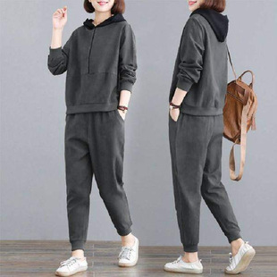 Korean Style Casual Sports Suit Women's Loose New Hooded Fashionable Large Size Spring and Autumn Sweater Running Pants Two-piece Set
