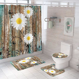 Bathroom Curtain Polyester Waterproof Cross-border Shower Curtain suit Shower Curtain Bathroom Wood Grain Chrysanthemum Flower Bathroom Four-piece Set
