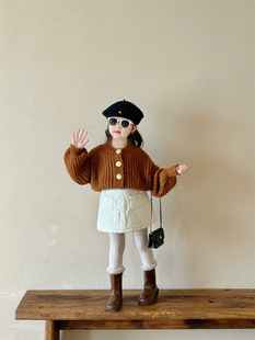 2024 Winter New Girls Chanel Style Knitted Cardigan Baby Retro Sweater Children Lantern Sweater Coat