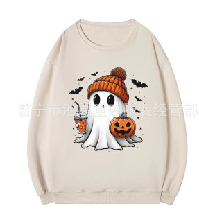 Amazon Independent Station Custom Crewneck Halloween Dress Ghost Printing Loose plus size Dress Set