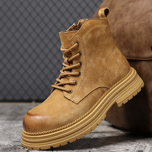Genuine Leather Vintage Martin Boots Men's 2024 Winter fleece-lined Ankle Boots Genuine Rhubarb Boots British Style Thick Tooling Boots